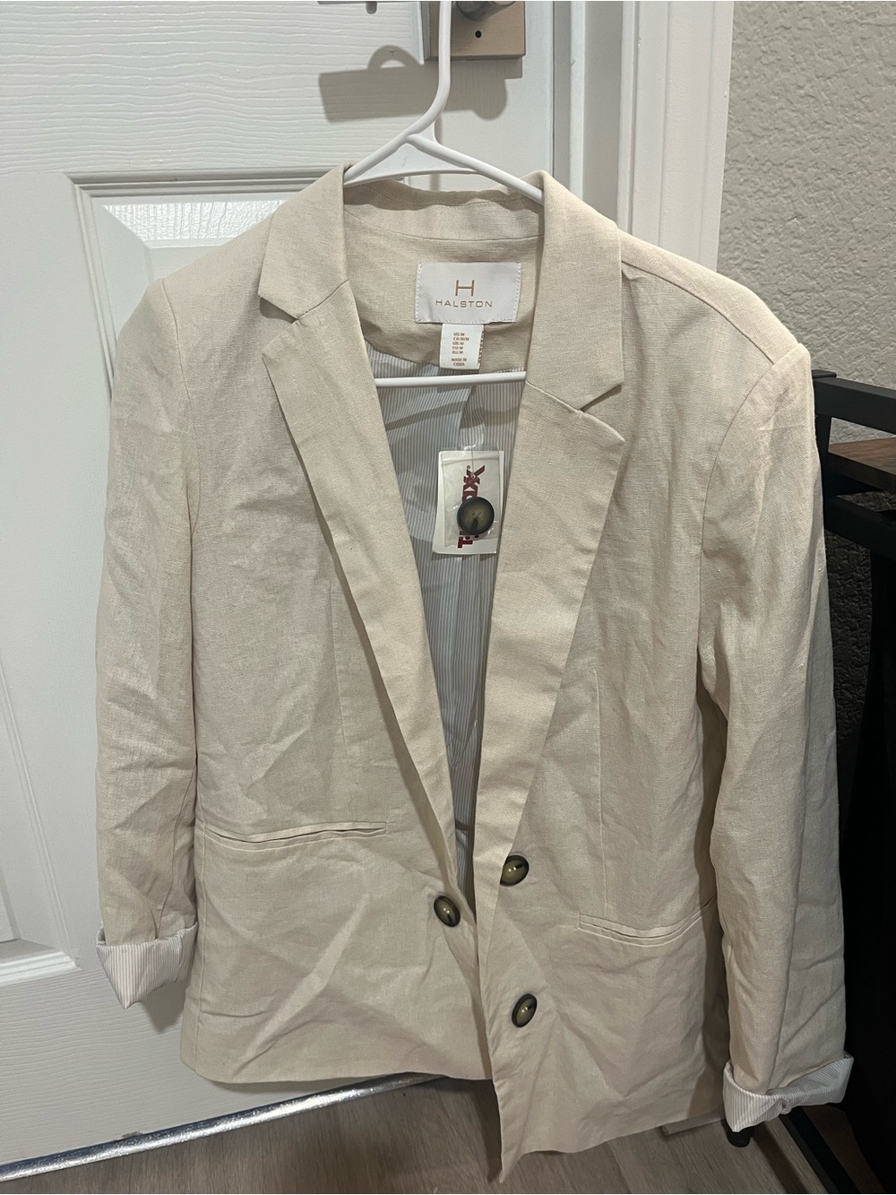 Halston Heritage Beige Linen-Blend Notch Lapel Blazer